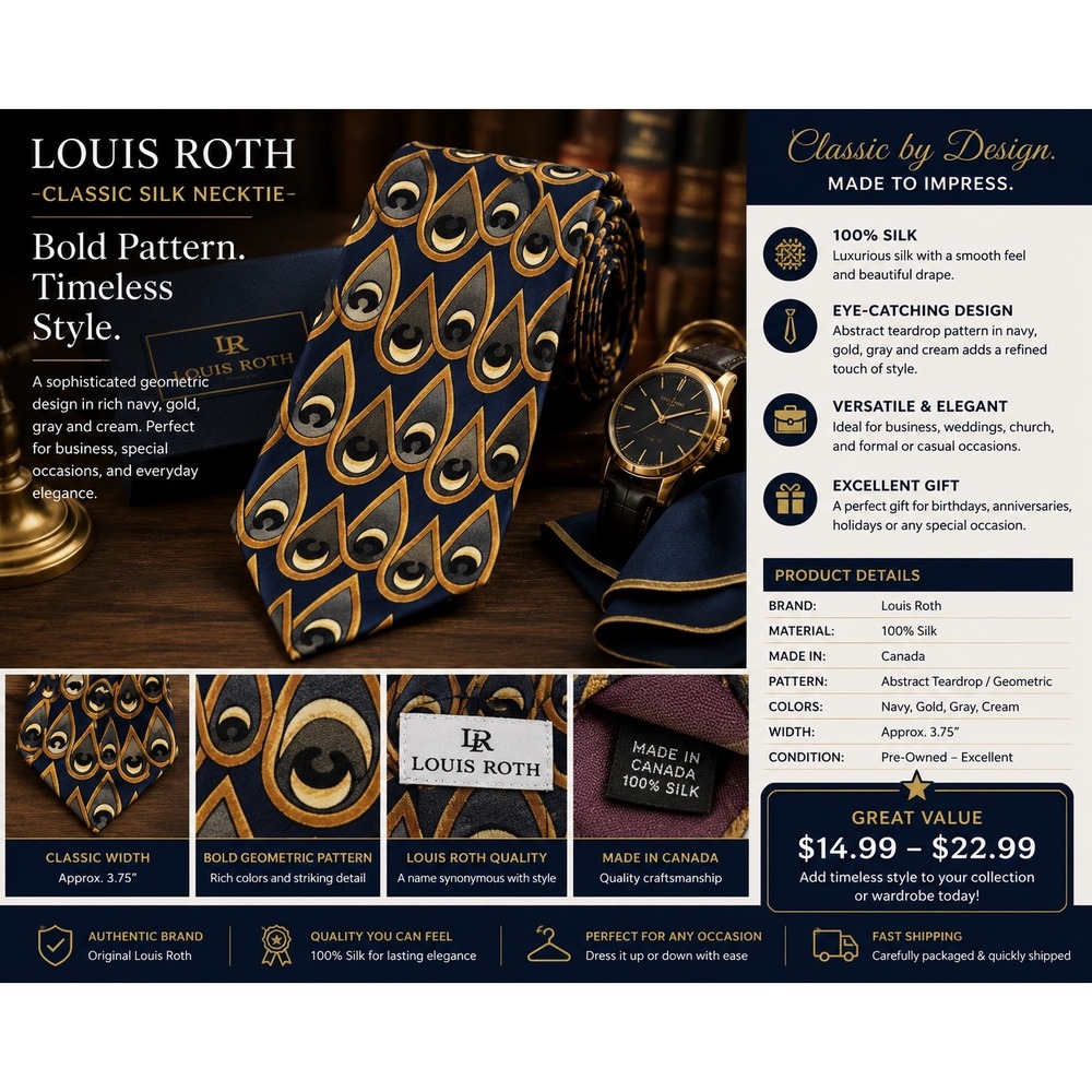 Louis Roth Men's 100% Silk Necktie Blue Gold Gray Abstract Geometric Classic Tie